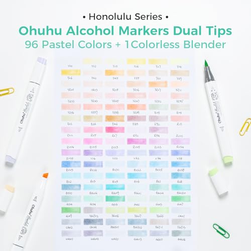 Ohuhu Marcadores a base de alcohol - 96 colores pastel de Honolulu Sweetness + Blossoming - Marcadores de alcohol de doble punta para artistas adultos para ilustrar y colorar - Pincel y cincel