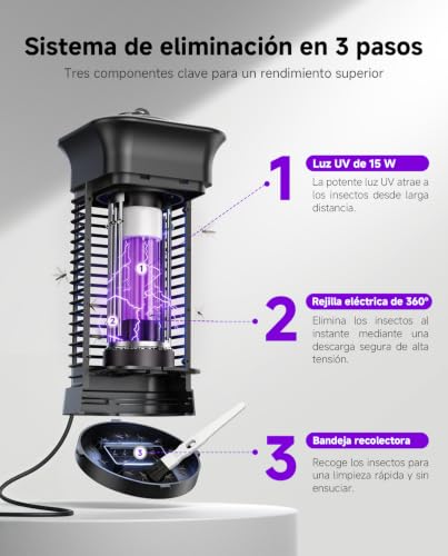 Lámpara Antimosquitos, Mata Mosquitos Eléctrico para Interior Exterior | Luz UV 360°, Rejilla 3000V, Bandeja extraíble, Resistente al agua IPX4, Para dormitorio y terraza