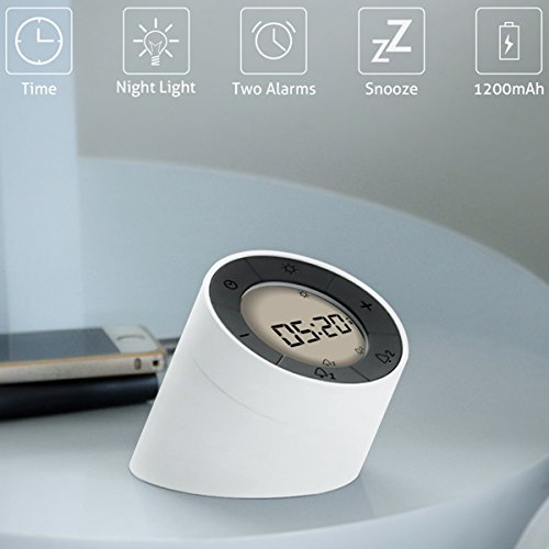 Digital Alarm Clock, GLISTENY LED Bedside Lamp Alarm Clock with Smart Backlight and Dimmable LED Nightlight, Elegant Round Design, Snooze Function, 2 Sets of Alarm Clock, USB Charging(White)