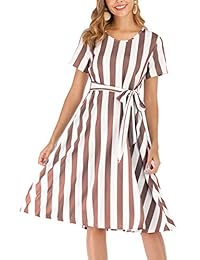 ZONA FANTÁSTICA FZ Vestido de mujer a rayas, manga corta, informal, con cinturón de trabajo, con bolsillos