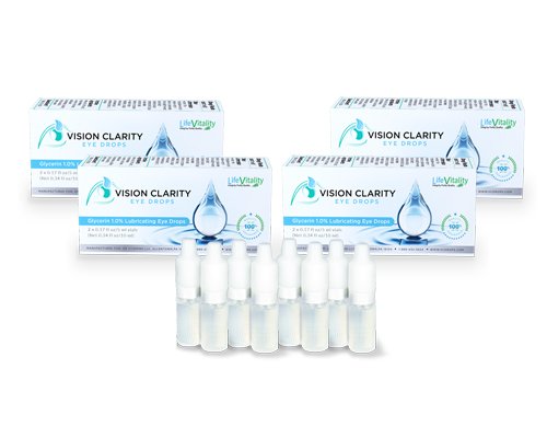 Vision Clarity Eye Drops containing 1% Carnosine (NAC Drops), Lubricants, two 5ml vials, focus on cataracts, dry eye, and other eye concerns (4 Boxes - 8 Vials)
