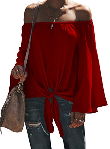 Women's Chiffon Off The Shoulder Shirt Blouse Front Knot Long Sleeve Tops Red L