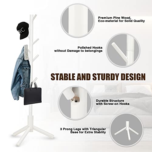 Haddockway Wooden Coat Rack Stand with 8 Hooks New Zealand Pine