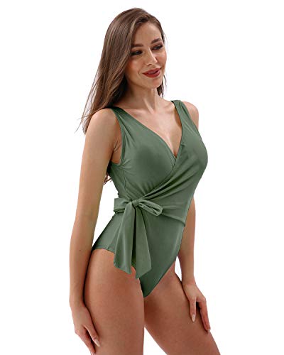 YOLIPULI Women's Bowknot One Piece Swimsuit V Neck Backless Beach Swimwear Low-U-Back Bathing Suit for Women Green XX-Large - Thumbnail 3