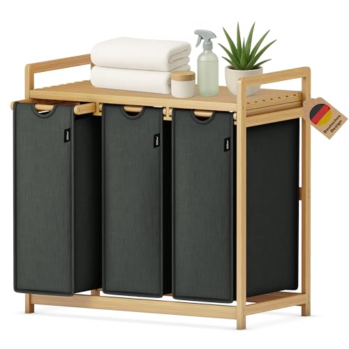 41B6cdsk0sL Xmhome Wäschekorb 3 Fächer 148L Großer Quadratischer Wäschesammler Aus Bambus Wäschebox Optisch Ansprechender Wäschesortierer In 77.5X41.3X77.5 Cm Dunkelgrau