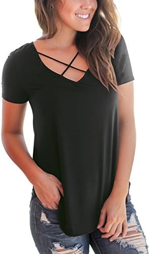 XIONGMEI Women's Short Sleeve Tee Shirts Front Criss Cross Casual Summer V Neck T-Shirt Tops