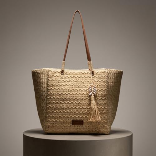 Women's Large Raffia Bag – Maxi Shopper Ivory with Long Shoulder Handles, Zip Closure and Boho Ornament, Beach and Summer Bag (Beige)