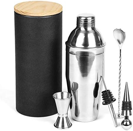 Cocktail Shaker Set Stainless Steel, 5-Piece Bartender Kit with wood bottle container, Perfect Home Bartender kit and Cocktail Shaker Set For an Awesome Drinking Experience, Best Gift Choice.