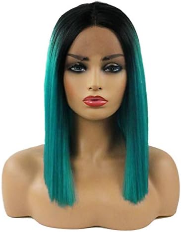 HOMCASA Ombre Blue Lace Front Wig Bob Synthetic Heat Resistant Middle Part Straight Colored Frontal Wig Dark Roots 14 Inch