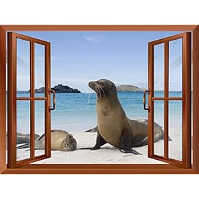 Sea Lions at The Beach Outside of an Open Window | Removable Wall Sticker/Wall Mural - 24"x32"