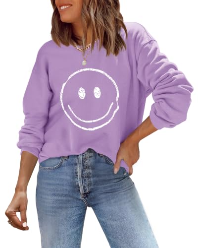 ReachMe Womens Oversized Crewneck Smile Face Graphic Sweatshirs Casual Long Sleeve Cute Tops Happy Funny Shirts(1 Purple,XL) at Amazon