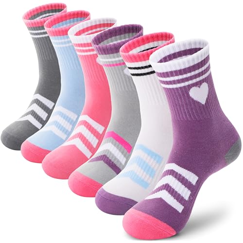 ANTSANG Kids Girls Socks Youth Teen Athletic Sport Basketball Crew Cotton Breathable Soft Socks 6 Pairs