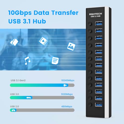 RSHTECH 2.RSH-A13 USB 3.0 Hub 13 Ports, Aluminium Multiport Hub with 12V/6A Power, Over Current and Overvoltage Protection, Independent Switch and Data Cable 10 Gbps