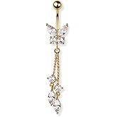 Pierced Owl 14GA 316L Stainless Steel CZ Crystal Butterfly with Double Dangling Marquise Chains Belly Button Ring