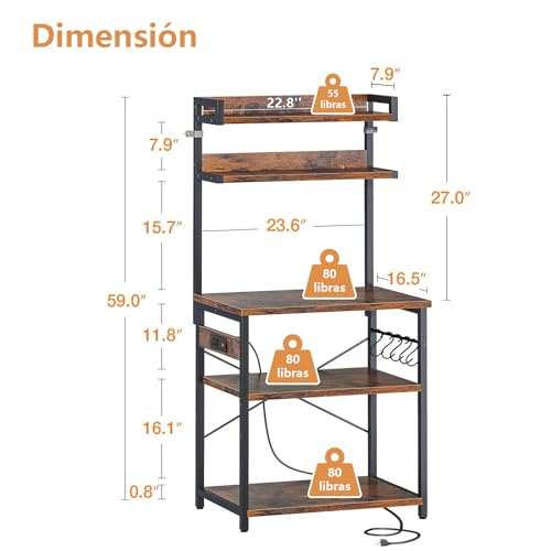 LOKOOY Alacena de Almacenamiento de 5 Niveles, Estante de Cocina con Enchufes y 5 Ganchos，Estante de Microondas, Mueble Multiusos de Cocina, Sala, Oficina，Cafetería