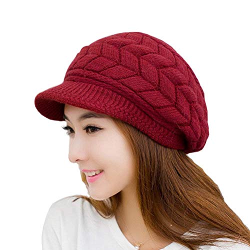 HINDAWI Women Winter Hat Warm Knit Wool Snow Ski Caps With Visor (Wine)