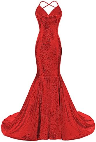 DYS Women's Sequins Mermaid Prom Dress Spaghetti Straps V Neck Backless Gowns