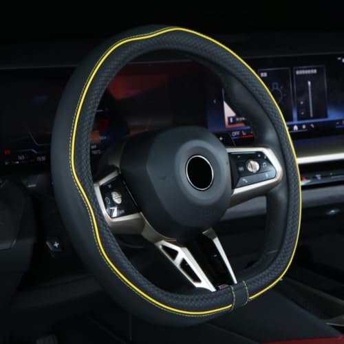 Mayco Bell Flat Bottom Steering Wheel Cover Anti-Slip,Safety,Soft,Breathable,Durable,Full Surround,Comfortable Grip Microfiber Leather (D Shape, Black Yellow)