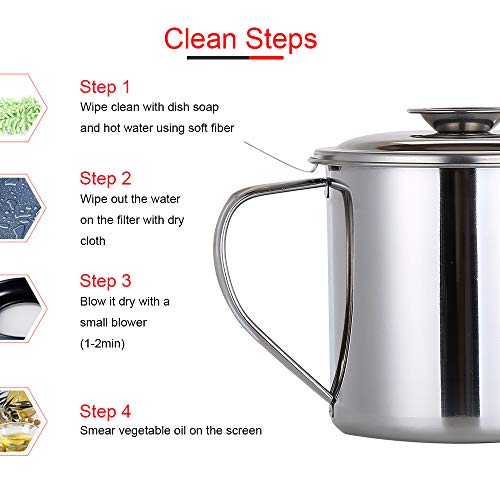 Cambom Stainless Steel Grease Containers Bacon Drippings Container with Fine Mesh Strainer 1.