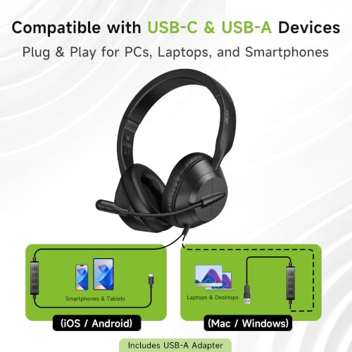 Acer Headset with Microphone for PC - ENC Noise Cancelling Headphones with Mic, Dual USB C Headset with Microphone & USB, 40mm Drivers Wired Headset with Mic for Work, Call Center Headset for Office