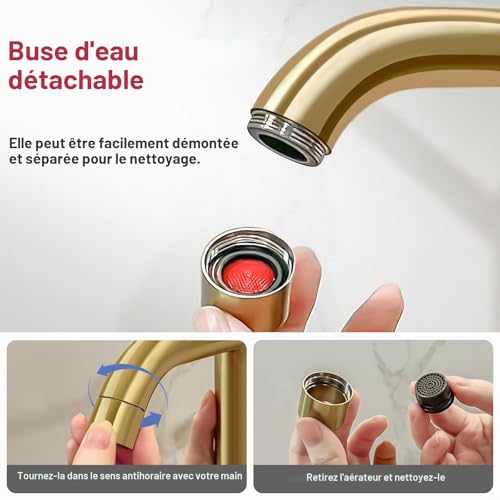 DETBOM Gold Basin Mixer Tap, Adjustable Hot and Cold Washbasin Tap, Stainless Steel, Removable Aerator, Lead Free, Brushed Gold