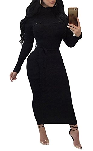 Remelon Womens Turtleneck Front Pockets Long Sleeve Party Cocktail Bodycon Midi Pencil Dress with Belt