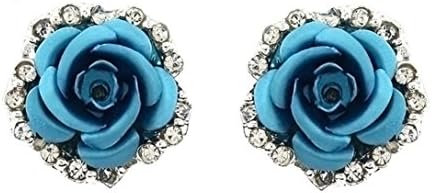 Fheaven Elegant Cute Women Lady Girls Rose Flower Rhinestone Bohemia Earrings Stud Earrings (blue)
