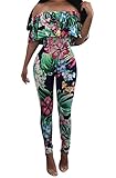 Jiujiuyi Women's Off Shoulder Floral Print Bodycon Jumpsuit Romper