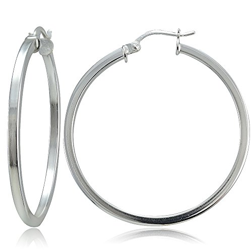 Hoops & Loops Sterling Silver 2mm High Polished Flat Hoop Earrings, 45mm