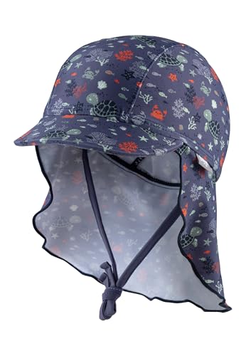 Sterntaler Schirmmütze Unterwasser – Unisex Baby Sommermütze, Nackenschutz und Bindeband – UV-Schutz 50+ aus elastischem Bademodenstoff – Kinder Kopfbedeckung - Bademode - Farbe blau, Größe 51