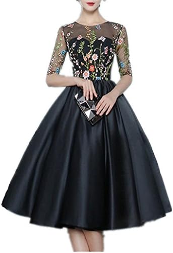 LeoGirl Womens Floral Embroidered Tea Length Prom Dresses with Pocket Semi Half Sleeve Formal Homecoming Dress (22W, Black)