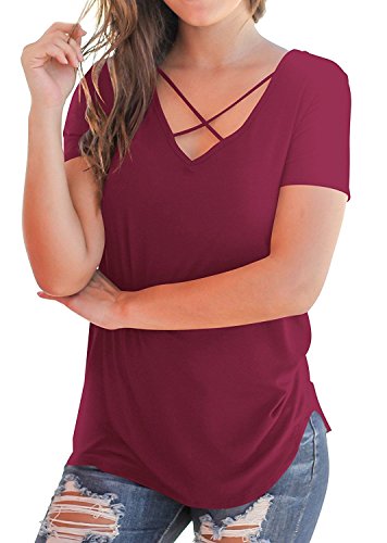 KUSMOO Women's Summer Cross Front Tops Loose Deep V Neck Junior Girls T Shirts (Wine Red, Medium) - Thumbnail 3