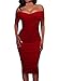 AlvaQ Women's Sexy Ruched Off Shoulder Bodycon Midi Party Dress Medium Red