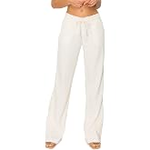 Cali1850 Women's Casual Linen Pants - 29", 32" Oceanside Drawstring Smocked Waist Beach Lounge Trousers with Pockets