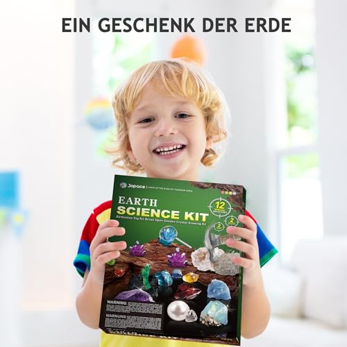 Japace Excavation Set for Children, STEM Science Toy Gemstones Digging, Geodes to Break Up Set, Crystals Growing Kit Gifts Boys Girls Grinding Hammer