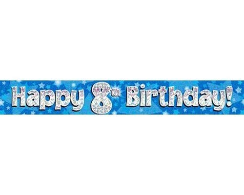 9ft Blue & Silver Stars Holographic Happy 8th Birthday Banner (2.7m length)