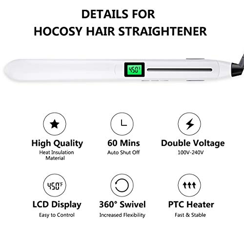 Flat Iron for Hair, HOCOSY Hair Straightener and Curler 2 in 1 with Digital LCD Display, Adjustable Temperature & Rapid Heating, Dual Voltage, Auto Shut Down, 1 Inch, White