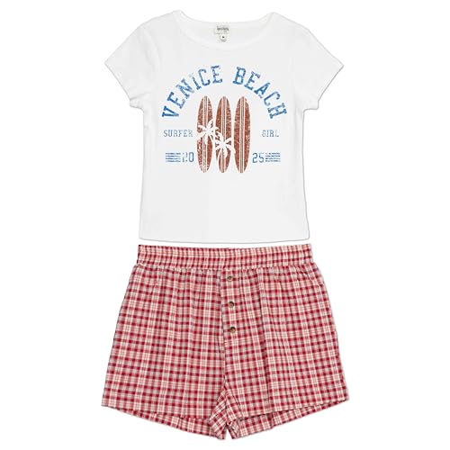 Speechless Girls' Graphic Tee and Seersucker Plaid Short Set, Red/White, Medium