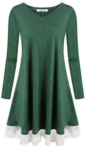 DSUK Womens Casual V Neck Long Sleeve Lace A-Line T Shirt Swing Shift Dress