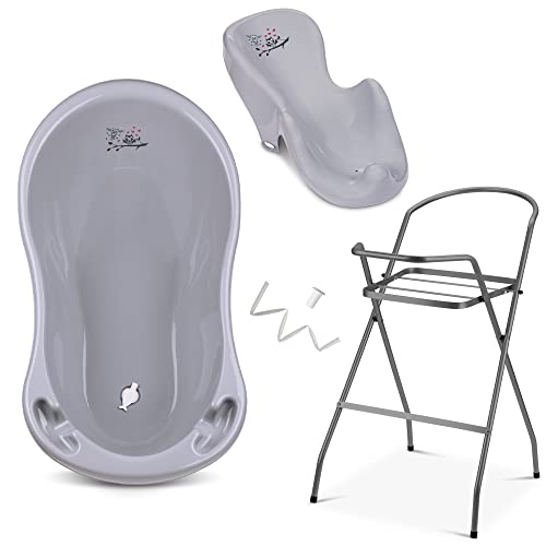 Baby Badewanne mit Gestell und Badewannensitz - Verschiedene Sets für Neugeborene mit Babybadewannen + Ständer +Abfluss + Badewannensitz - Babywanne mit Ständer