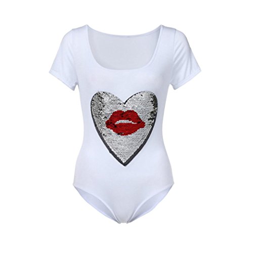 Women Jumpsuit , KESEE Letter Lips Sequins Double Pattern Rompers Jumpsuit Playsuit One Piece Swimsuit For Women (S, White)