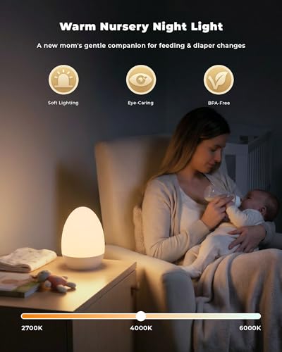 Tobeape Rechargeable Night Light Table Lamp, Touch Bedside Lamp for Bedroom with 3 Color Temps, 12 RGB Color Changing & Stepless Dimming, Portable Egg Night Lamp for Kids Baby Nursery