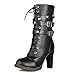 Mostrin Women Motorcycle High Heels Punk Buckle Rivet Strap Combat Military Mid Calf Boots Black
