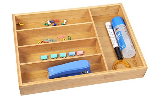 Bamboo Wooden Cutlery Drawer Organizer with 5 compartments,Durable Utensil Tray Flatware Drawer Divers