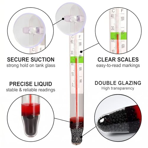 JHAZUN Set Of 3 Glass Thermometers For Aquarium - Temperature Meter With Suction Cup,Clear Reading,For Freshwater and Salt Water Fish Tanks