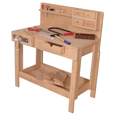 Holzspielzeug-Peitz Kinder-Werkbank 4014 - Massivholz-Hobelbank - Höhenverstellbar - Spannzange