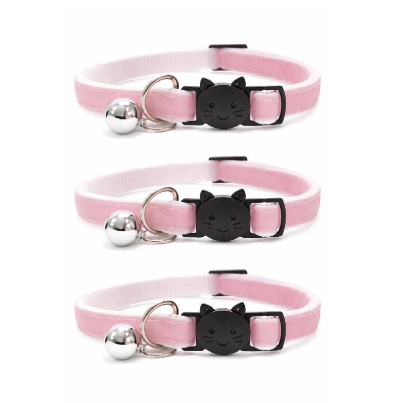 Velvet Cat Collars with Bell. Safe Breakaway Quick Release Buckle. Available in Cat & Kitten Size (Pack of 3) (Cat Collar (20cm - 30cm), Baby Pink Velvet (Pack of 3))