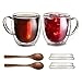 Large Double Wall Insulated Glass Coffee mugs with Lids Set of 2-12 Ounce Clear Cups for Tea Latte Cappuccino Espresso - Includes 2 Wooden Spoons