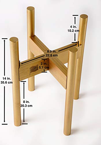 Golden Plant Stands Indoor with Tray / Coaster - Adjustable Size fits 8 9 10 11 12 Inches Small / Large Pots - Bamboo Wood - Mid Century Modern Planter Holder
