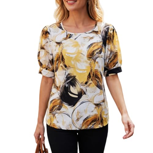OSCROBIE Women's Short-Sleeve Blouse with Puff Sleeves: Summer Round-Neck Loose-Fit Casual Chiffon Blouse Yellow at Amazon